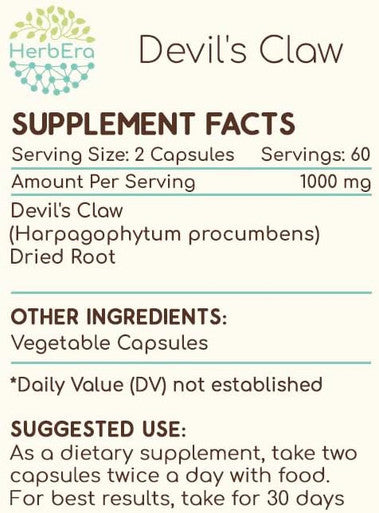 HerbEra Devil's Claw 120 Capsules, 500 mg, Devil's Claw (Harpagophytum Procumbens) Dried Root (120 Capsules)