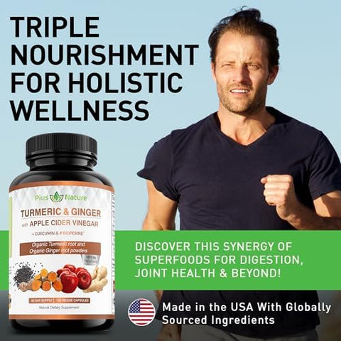 Pius Nature 120 Capsules Of Usda Organic Turmeric Root Powder Usda Organic Ginger Powder And Apple Cider Vinegar Powder With Curcumin (95% Curcuminoids) And Bioperine 1410 Mg Per Serving In Veggie Capsules