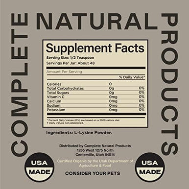 Complete Natural Products L-Lysine Powder For Pets - 4Oz - Pure L-Lysine Powder
