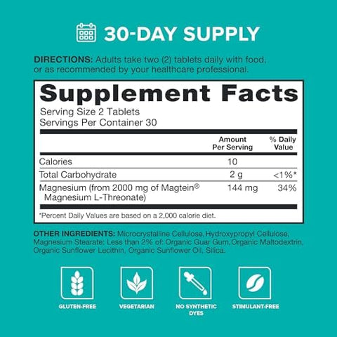 Qunol QMag Magnesium LThreonate Tablets 2000mg of Magtein to Help Support Cognitive Performance Improve Mental Alertness and Productivity Supports Restful Sleep High Absorption 60 Count