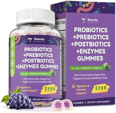 Totaria Sugar Free 5 in 1 Probiotic Prebiotic Postbiotic Gummy 36 Strains Probiotics for Women Men with Digestive Enzymes Peppermint Complete Immune Gut and Digestive Support Vegan
