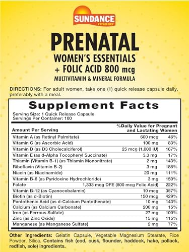 Sundance Prenatal Multivitamin With Folic Acid 100 Quick Release Capsules 800 Mcg Nongmo Gluten Supplement For Women