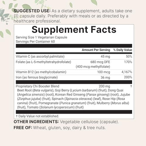 Micro Ingredients Blood Booster Iron Supplement 60 Veggie Capsules 14-In-1 Iron Bisglycinate With Folate Vitamins B C Gentle Formula Without Side Effects Red Blood Cell & Anemia Support