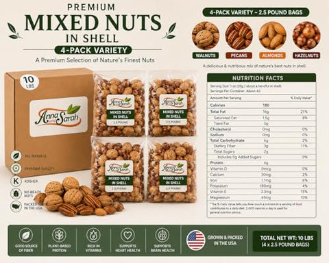 Anna and Sarah Premium Kosher Mixed Nuts in Shell Box, NO BRAZIL NUT 10 Lbs | 160 Oz Bulk, Jumbo Walnuts, Extra Large Pecans, Almonds, Large Oregon Hazelnuts, Fresh