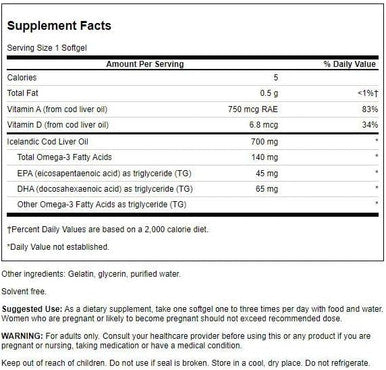 Swanson Cod Liver Oil - Wellness Supplement Promoting Bone Skin Health Vision Support & Immune System Function - Natural Formula with High Absorption Vitamin A - (250 Softgels 700mg Each)