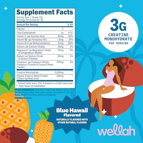 Wellah Creatine Electrolytes Powder (Blue Hawaii) 30 Servings - Hydration Drink Mix With 3G Of Creatine Monohydrate