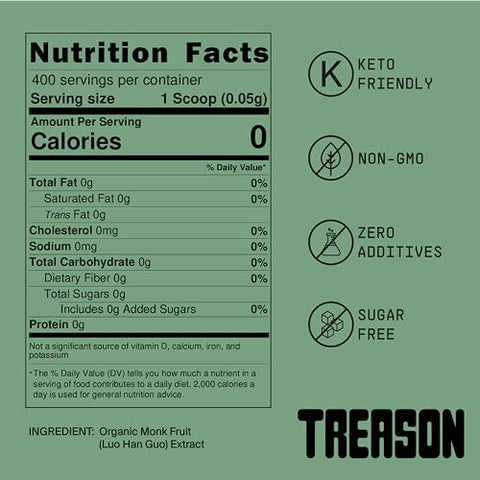 Treason, 100% Monk Fruit Extract Sweetener, Without Erythritol or Allulose, Keto Friendly, Non-GMO, Zero Sugar, 400 Servings, 20g