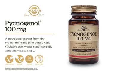Solgar Pycnogenol 100 Mg 30 Vegetable Capsules - Antioxidant Protection - Healthy Leg & Vein Support - Non-Gmo Vegan Gluten Free Dairy Free Kosher - 30 Servings