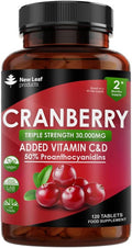 Cranberry Tablets Triple Strength 30,000Mg - 120 Cranberry Supplements Enriched With Vitamin C & D - Cranberry Supplements For Women And Men - Vegan Cranberry Tablets Made In Uk By Leaf