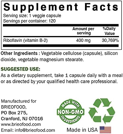 Brieofood Vitamin B2 (Riboflavin) 400mg 120 Veggie Capsules Gluten NonGMO