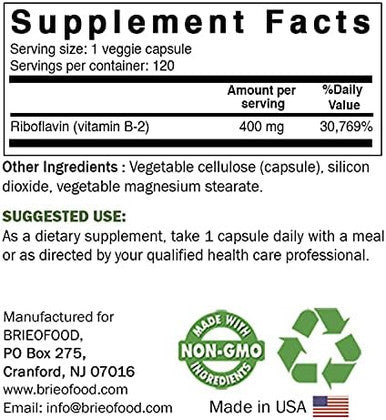 Brieofood Vitamin B2 (Riboflavin) 400Mg, 120 Veggie Capsules - Gluten , Non-Gmo