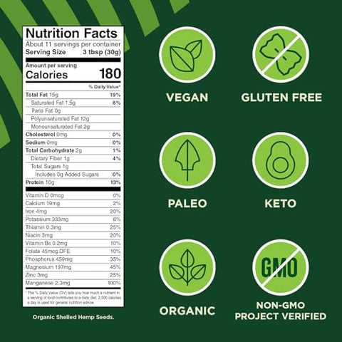 Manitoba Harvest Regenerative Organic Certified Hemp Hearts, 12 oz | Shelled Hemp Seeds, 10 g Plant Protein and 12 g Omegas 3 and 6 per 30 g Serving, Gluten-Free, Non-GMO Project Verified