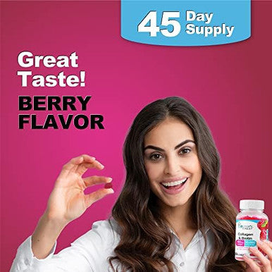 Doctors Finest Collagen And Biotin 10000Mcg Gummies, Vegan, Gmo-, Gluten , Natural Raspberry Flavor Gummy Vitamins, For Hair Growth, Hair Skin And Nails Dietary Supplement, 90 Gummies