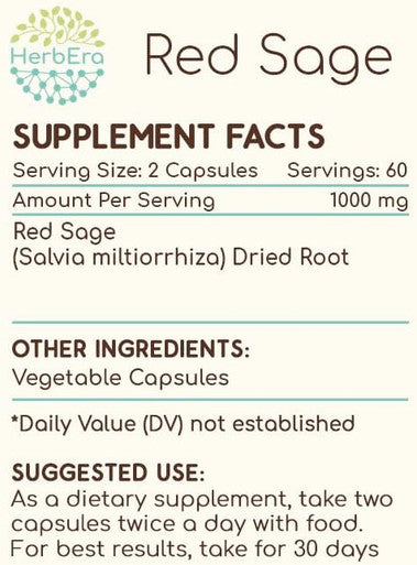 HerbEra Red Sage 120 Capsules, 1000 mg, Red Sage (Dan Shen, Salvia Miltiorrhiza) Dried Root (120 Capsules)