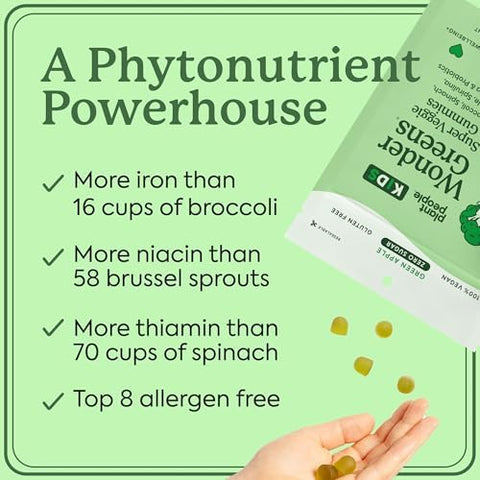 Plant People Wondergreens Kids Super Veggie Gummies â€“ Sugar- Allergen- Multivitamin For Picky Eaters With Probiotics â€“ Tummy & Immune Support â€“ Green Apple Flavor (30 Count)