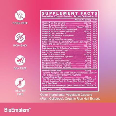 BioEmblem Women's Multivitamin Complete Daily Multi for Immunity Energy Hair Skin with Vitamin A B12 B6 D3 Biotin Iron Magnesium Collagen and Veggie Blends Gluten Free 90 Capsules
