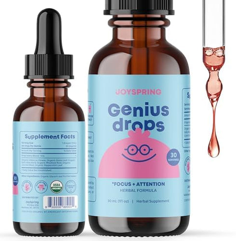 JoySpring Genius Drops and Vitamin C School Backup Bundle Kids Vitamins Naturally Sourced NonGMO NonAlcoholic Liquid Formula Immunity Health Support Vegan and Vegetarian Supplement Drops