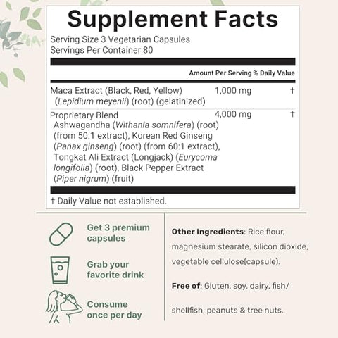 Micro Ingredients Maca Root Capsules For Women & Men 5000Mg 240 Veggie Capsules With Ashwagandha Red Black Yellow Maca Root Panax Ginseng Tongkat Ali & Black Pepper