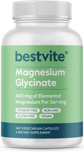 Bestvite Magnesium Glycinate - 400mg of Magnesium per Serving (240 Vegetarian Capsules) - No Stearates - No Silicon Dioxide - Vegan - Non GMO - Gluten