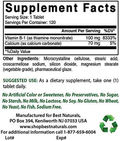 Best Naturals Vitamin B1 As Thiamine Mononitrate 100 Mg 120 Tablets (120 Count (Pack Of 2))