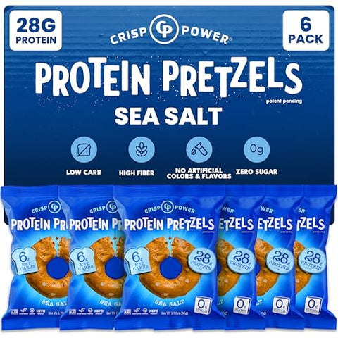 Crisp Power High Protein Pretzels Sea Salt High Protein Snack 28G Protein Low Carb Crunchy No Added Sugar Ketofriendly Snack 1.75 Oz Bags 6 Pack Vegan Plantbased Keto