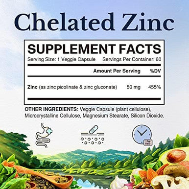 Vitalitown Chelated Zinc 50 mg Zinc Picolinate & Gluconate Well-Absorbed Immune System Healthy Skin & Development Vegan NO Gluten Non-GMO