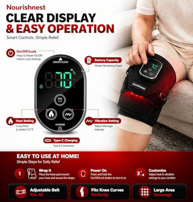 Nourish Nest Knee Massager With Heat And Red Light Cordless Heated Knee Brace With 3 Heat/3 Vibration/5 Light Levels Red Lights With 660Nm & 850Nm 5000Mah Massager For Knee Elbow Shoulder