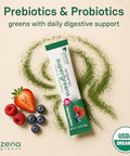 Zena Nutrition Organic Super Greens Powder 70+ Superfoods 0 Sugar 3g Fiber Spirulina Chlorella Mushrooms Prebiotics/Probiotics Digestive Enzymes Gut Health Green Apple 30 Drink Mix Packets