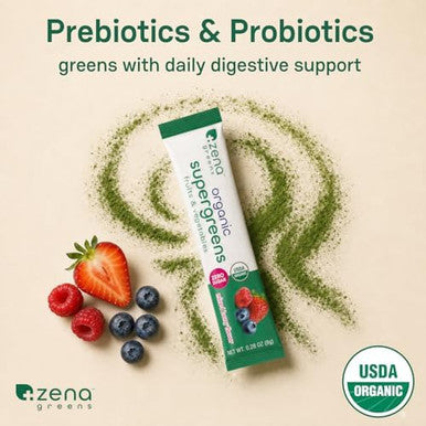 Zena Nutrition Organic Super Greens Powder 70+ Superfoods 0 Sugar 3g Fiber Spirulina Chlorella Mushrooms Prebiotics/Probiotics Digestive Enzymes Gut Health Green Apple 30 Drink Mix Packets