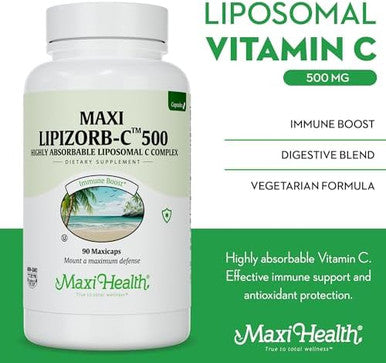 Maxi Health Liposomal Vitamin C 500Mg Capsules With Digestive Blend Highly Absorbable High Dose Vitaminc Non Gmo Kosher Vegetarian Doctorformulated Immune Support Supplement (90 Count)