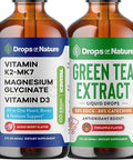 Drops Of Nature Green Tea Extract Liquid Drops (Pineapple 60Ml) & Magnesium Glycinate With Vitamin K2 D3 Drops (Mixed Berry 60 Ml) Vegan Gluten-Free Antioxidant & Daily Mineral Wellness Support