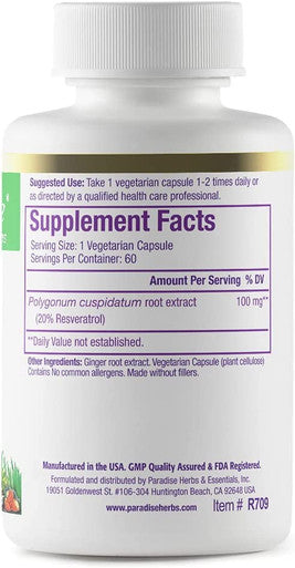 Paradise Herbs Resveratrol | Plant Active Extract | Antioxidant | Vegan | NON-GMO | Gluten 60 Vegetarian Capsules
