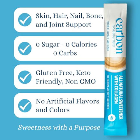 Carbon Sweeteners Stevia Sweetener Sugar Packets with 2000mg of Collagen per Packet Promotes Healthy Joints Bones and Skin Health 30 Count (Pack of 1)