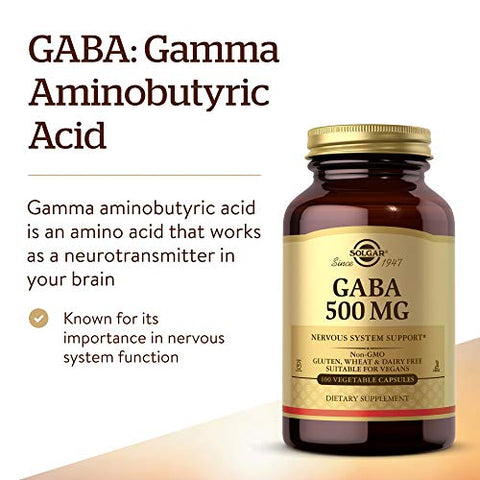 Solgar Gaba 500 Mg 100 Vegetable Capsules - Relaxation & Nervous System Support - Amino Acid - Non-Gmo Vegan Gluten Free Dairy Free Kosher 100 Servings