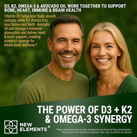 Elements Liquid Vitamin D3 + K2 Drops 10000 Iu With Omega-3 High Absorption For Bone Immune & Heart Support Pure Avocado Oil Base Non-Gmo 2 Fl Oz (60 Ml)
