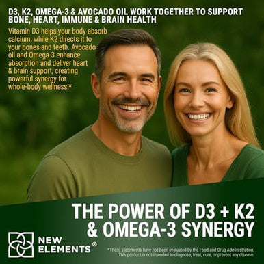 Elements Liquid Vitamin D3 + K2 Drops 10,000 Iu With Omega-3 High Absorption For Bone, Immune & Heart Support Pure Avocado Oil Base Non-Gmo 2 Fl Oz (60 Ml)
