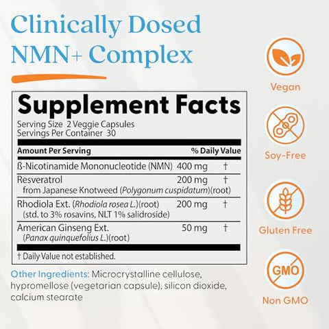 Doctor'S Best Nmn Complex Supplement Capsules For Women & Men - Supports Nad Production Resveratrol 100Mg & Beta Nicotinamide Mononucleotide 200Mg Per Capsule Cellular Energy Support 60 Veg Caps