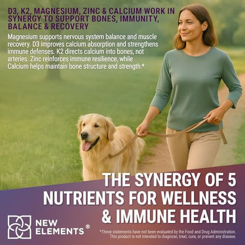 Elements Vitamin D3 K2 With Magnesium Glycinate + Zinc & Calcium Magnesium 1500Mg D3 10000 Iu K2 (Mk7) 200Mcg Zinc 50Mg Calcium 50Mg Immunity Bone & Recovery Support Vegan Non-Gmo