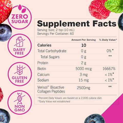 Zena Nutrition Liquid Collagen Peptides And Biotin Mixed Berry 20.3 Fl Oz + Organic Super Greens Fruit & Veggies Supplement 180 Capsules