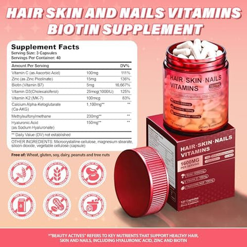 Hair Skin and Nails Vitamins Biotin Hyaluronic Acid Calcium AKG Vitamin C and Vitamin D3 K2 Support Healthy Hair Growth Strong Nails and Radiant Skin 120 Capsules (1 Pack)