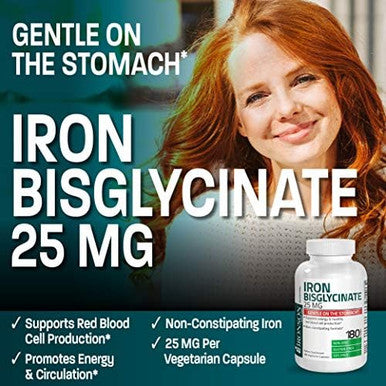 Bronson Iron Bisglycinate 25 Mg Gentle On The Stomach, Supports Energy & Healthy Red Blood Cell Production - Non-Constipating Formula - Non Gmo, 90 Vegetarian Capsules