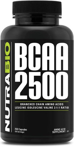 Nutrabio BCAA 2500 Branched Chain Amino Acids Support Muscle Growth and Prevent Muscle Breakdown 250 Capsules