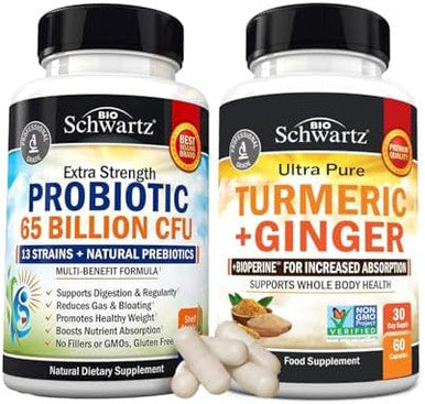 Organic Turmeric Curcumin And Ginger Supplement (1 Month Supply) Plus 65 Billion Cfu Daily Probiotic Supplement (1 Month Supply)
