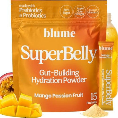 Blume SuperBelly Mango Passion Fruit Gut Health + Hydration 15 Sticks Sugar Free Daily Probiotics Prebiotic Fiber Vit C and Electrolytes Powder Packets