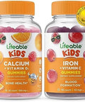 Lifeable Calcium With Vitamin D Kids + Iron & Vitamin C Kids Gummies Bundle Great Tasting Vitamin Supplement Gluten Gmo Chewable Gummy