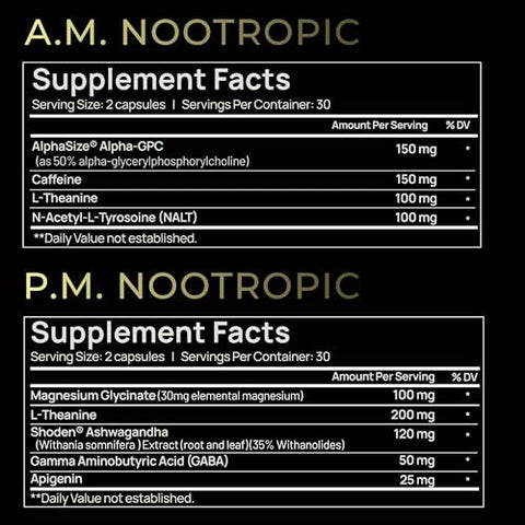Terra Elmnt Ampm Nootropic Total Focus Calm 9X Strength W. Caffeine L-Theanine Alpha Gpc L-Tyrosine Ashwagandha - X-Release Energy Pills Nootropics Brain Support Supplements For Memory And Focus Supplement