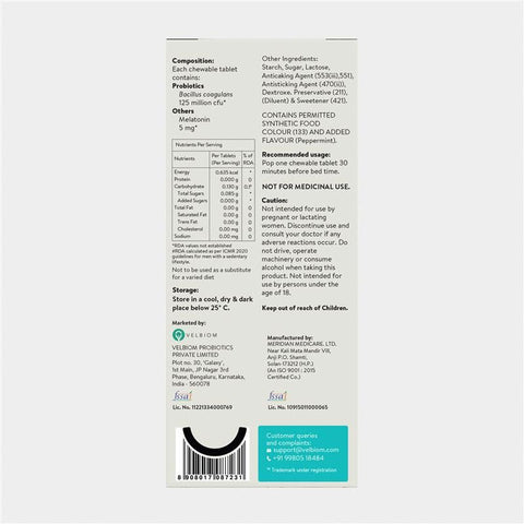Velbiom Happy Cultures Sleep Tight Melatonin 5Mg With Probiotics Bacillus Coagulans Sleep Deeper & Wake Up Refreshed & Natural Clinically Tested Helps Gas Relief Indigestion 30 Chewmints