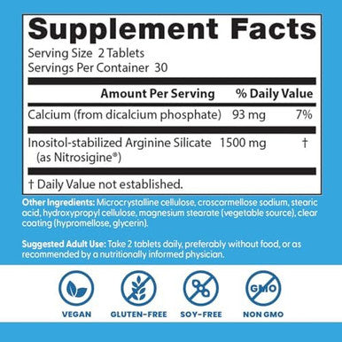 Doctor'S Best Fast Acting Arginine Complex W/Nitrosigine Boost Nitric Oxide Blood Flow & Vessel Flexibility Nongmo Vegan Gluten 750Mg White (Drb00406) Tablet 60 Count