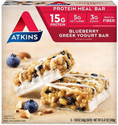 Atkins Peanut Butter Granola Protein Meal Bar High Fiber 16G Protein 1G Sugar 4G Net Carb & Blueberry Greek Yogurt Protein Meal Bar High Fiber 15G Protein 3G Sugar 5G Net Carbs