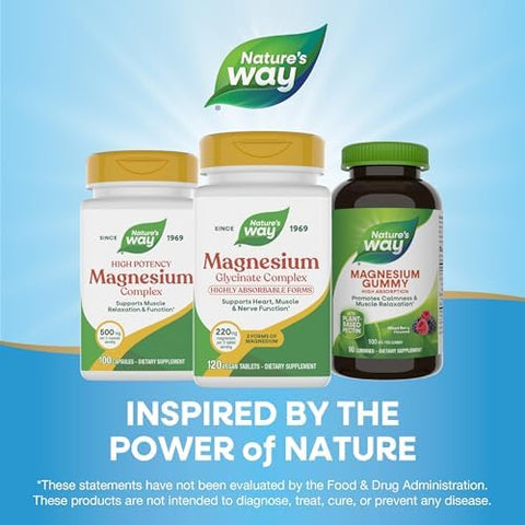 NatureS Way Magnesium Glycinate Complex Supports Heart Muscle Nerve Function Highly Absorbable 220 Mg Per 2Tablet Serving No Gluten Vegan 120 Tablets (Packaging May Vary)